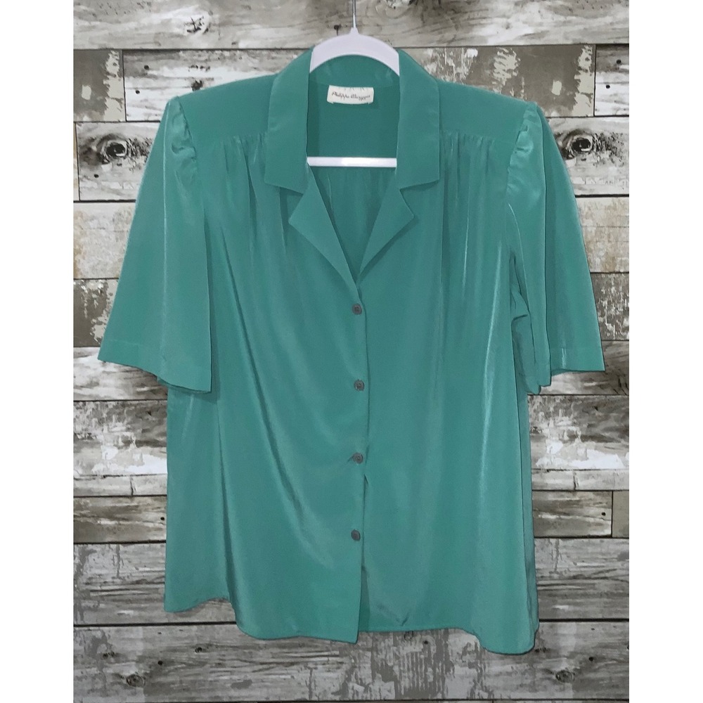 Philippe Marques Vintage Green Button Front Short Sleeve Blouse Padded Shoulders